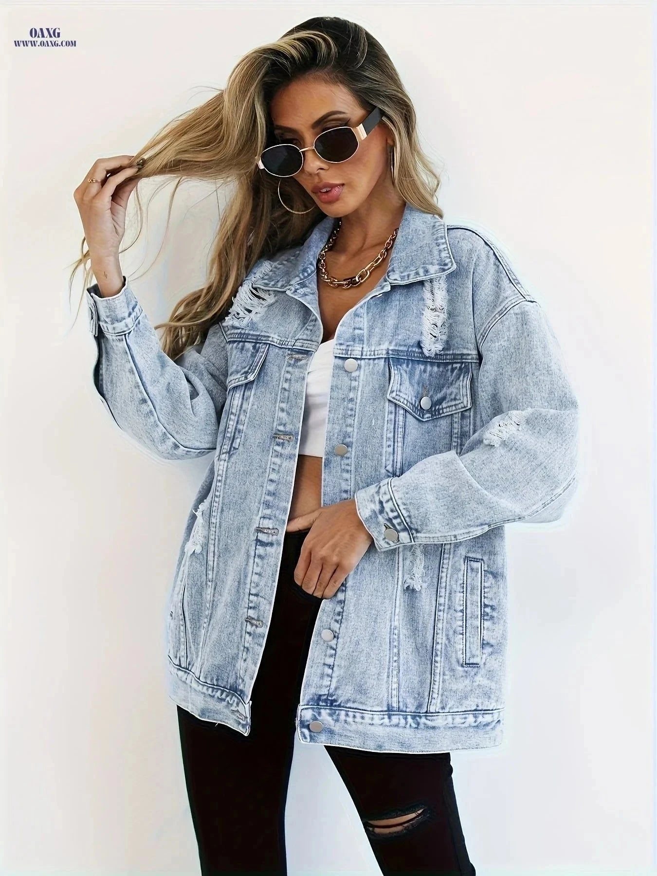 OAXG Plus Size Women's Denim Jacket - Boyfriend Distressed Style   OAXG Blue / S
