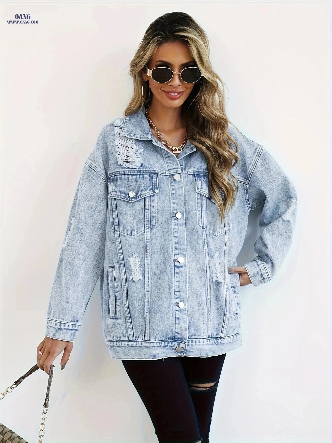 OAXG Plus Size Women's Denim Jacket - Boyfriend Distressed Style   OAXG Blue / S