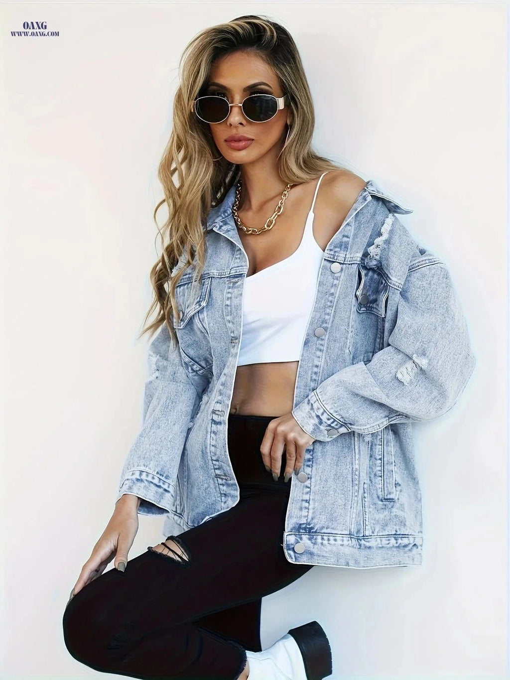 OAXG Plus Size Women's Denim Jacket - Boyfriend Distressed Style   OAXG Blue / S