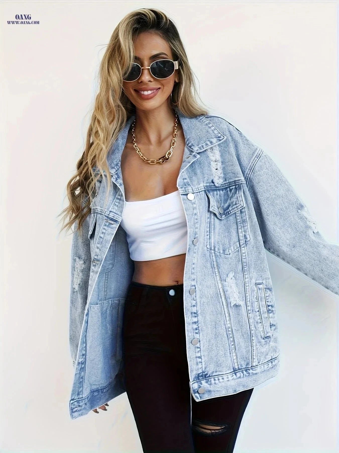 OAXG Plus Size Women's Denim Jacket - Boyfriend Distressed Style   OAXG Blue / S