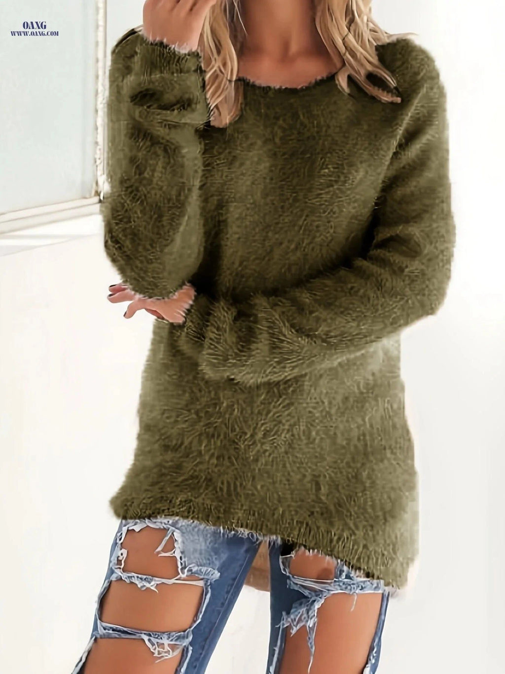 OAXG Plush Round Neck Sweater - Long Sleeve, Vintage Style for Fall   OAXG Dark Gray / S