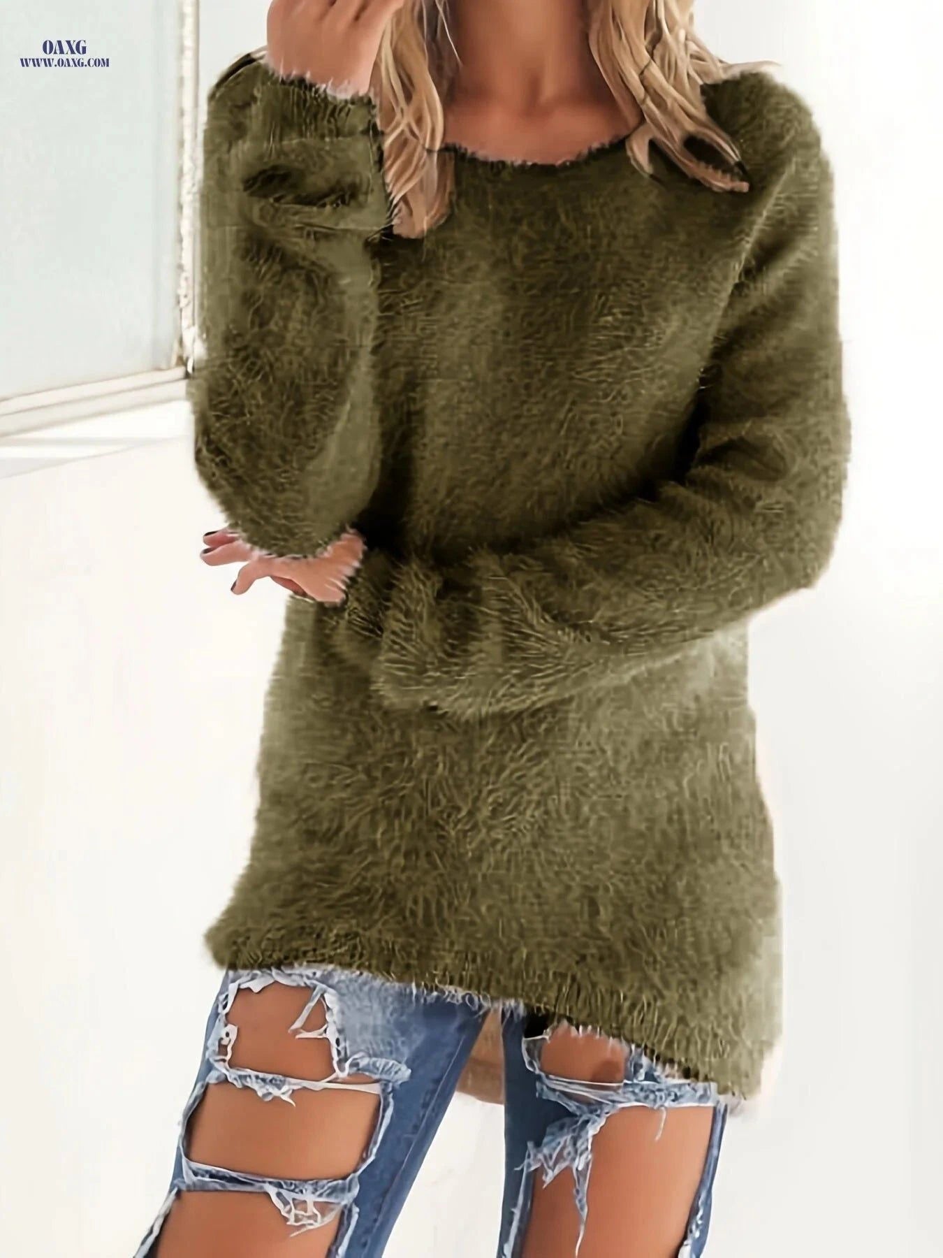 OAXG Plush Round Neck Sweater - Long Sleeve, Vintage Style for Fall   OAXG Dark Gray / S