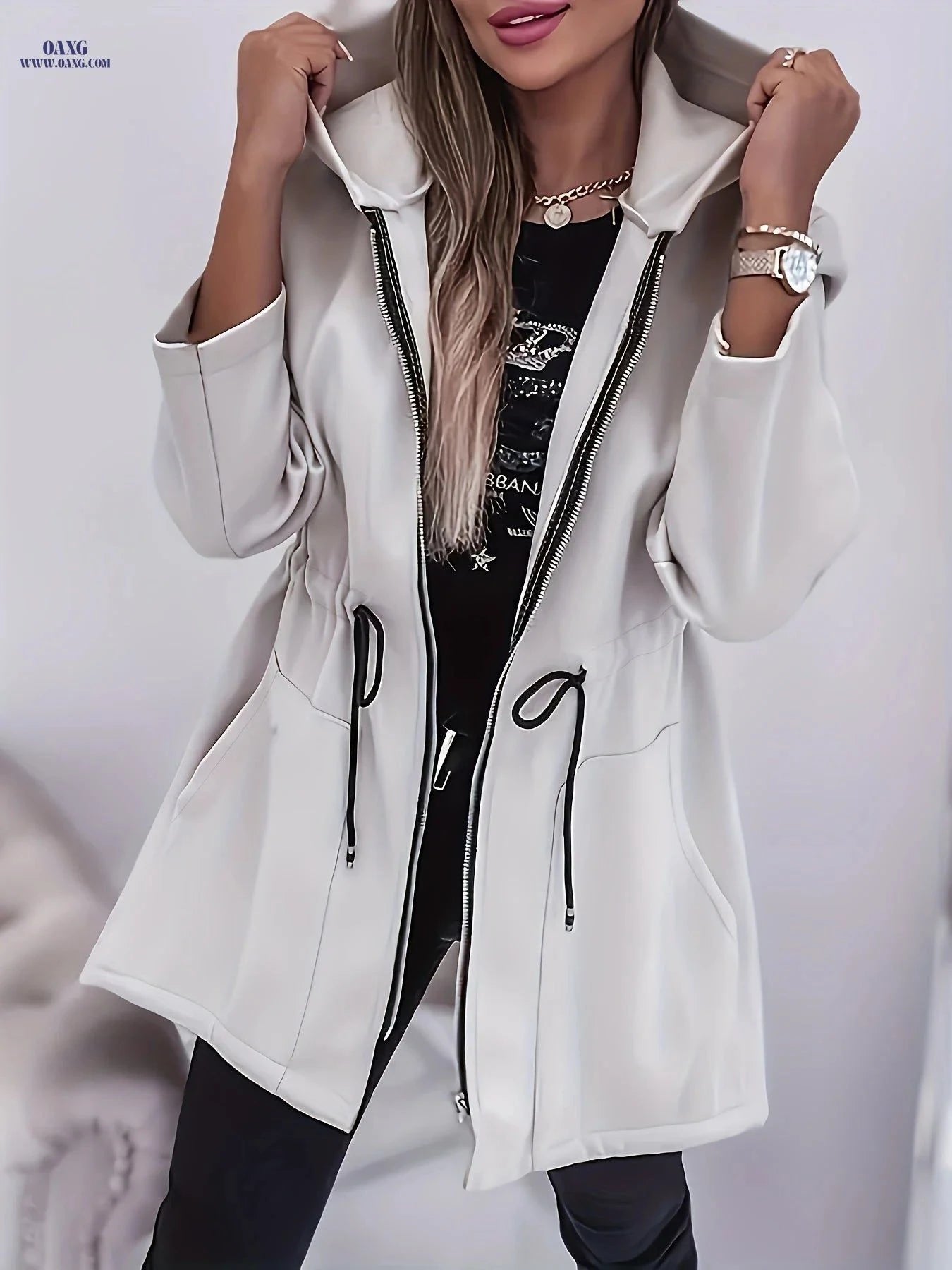 OAXG Pocket Zipper Hooded Coat - Casual Fall/Winter Jacket   OAXG Black / S