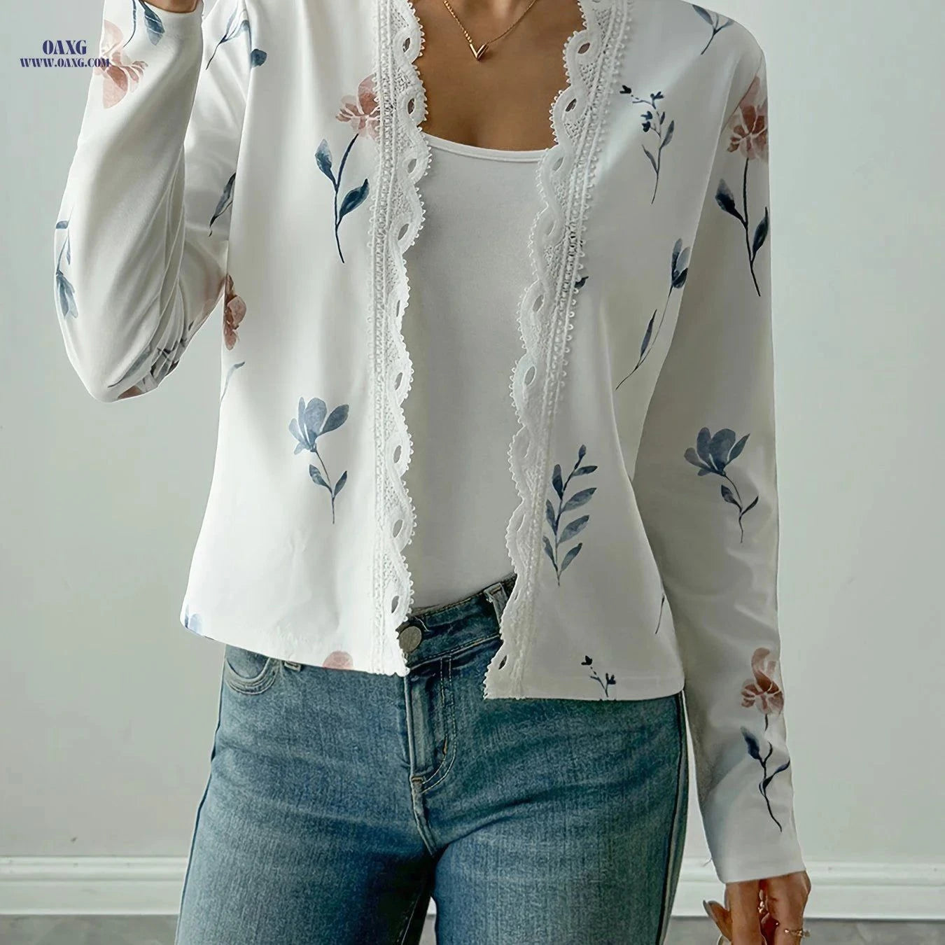 OAXG Printed Long Sleeve Lace Cardigan - Elegant Spring Jacket   OAXG White / S