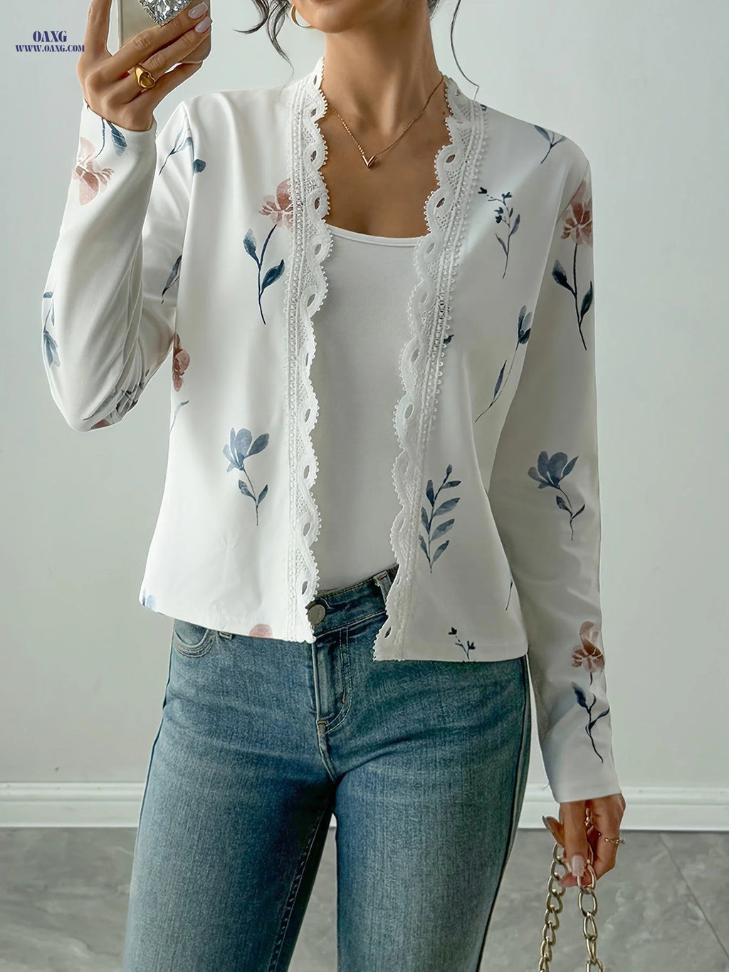 Printed Long Sleeve Lace Cardigan Jacket   OAXG White / S