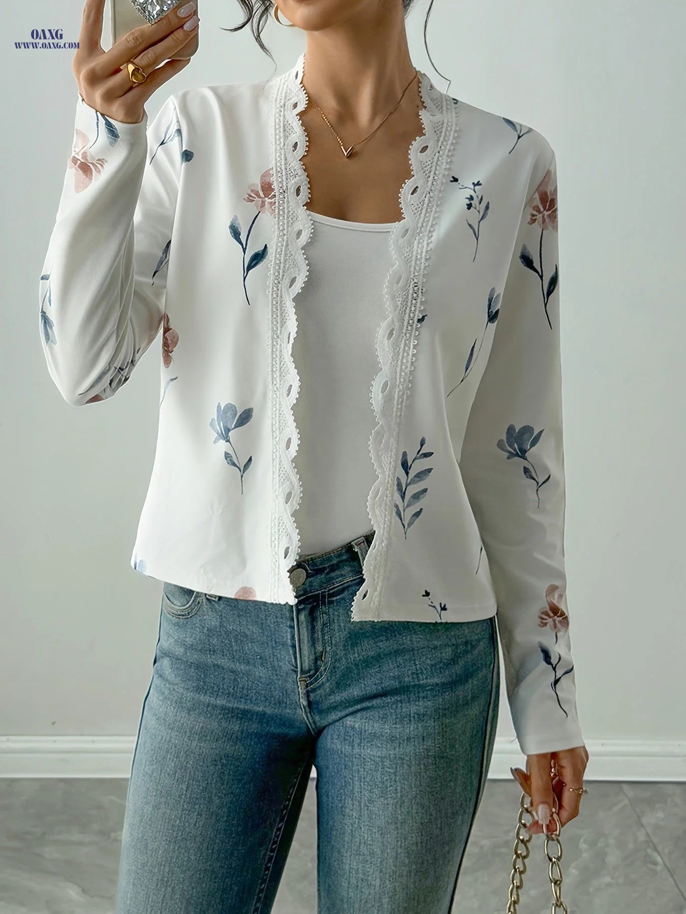 Printed Long Sleeve Lace Cardigan Jacket   OAXG White / S