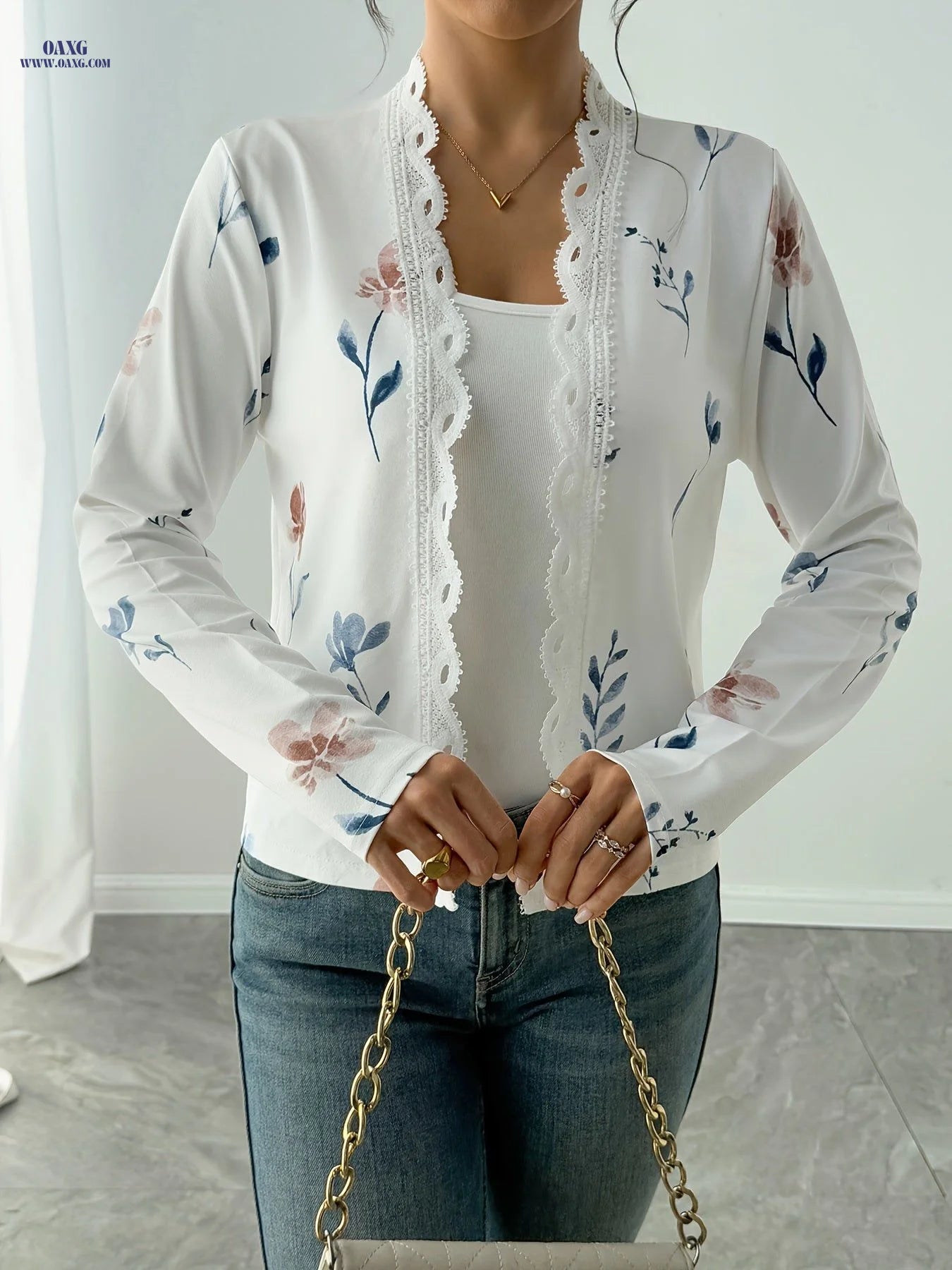 Printed Long Sleeve Lace Cardigan Jacket   OAXG White / S