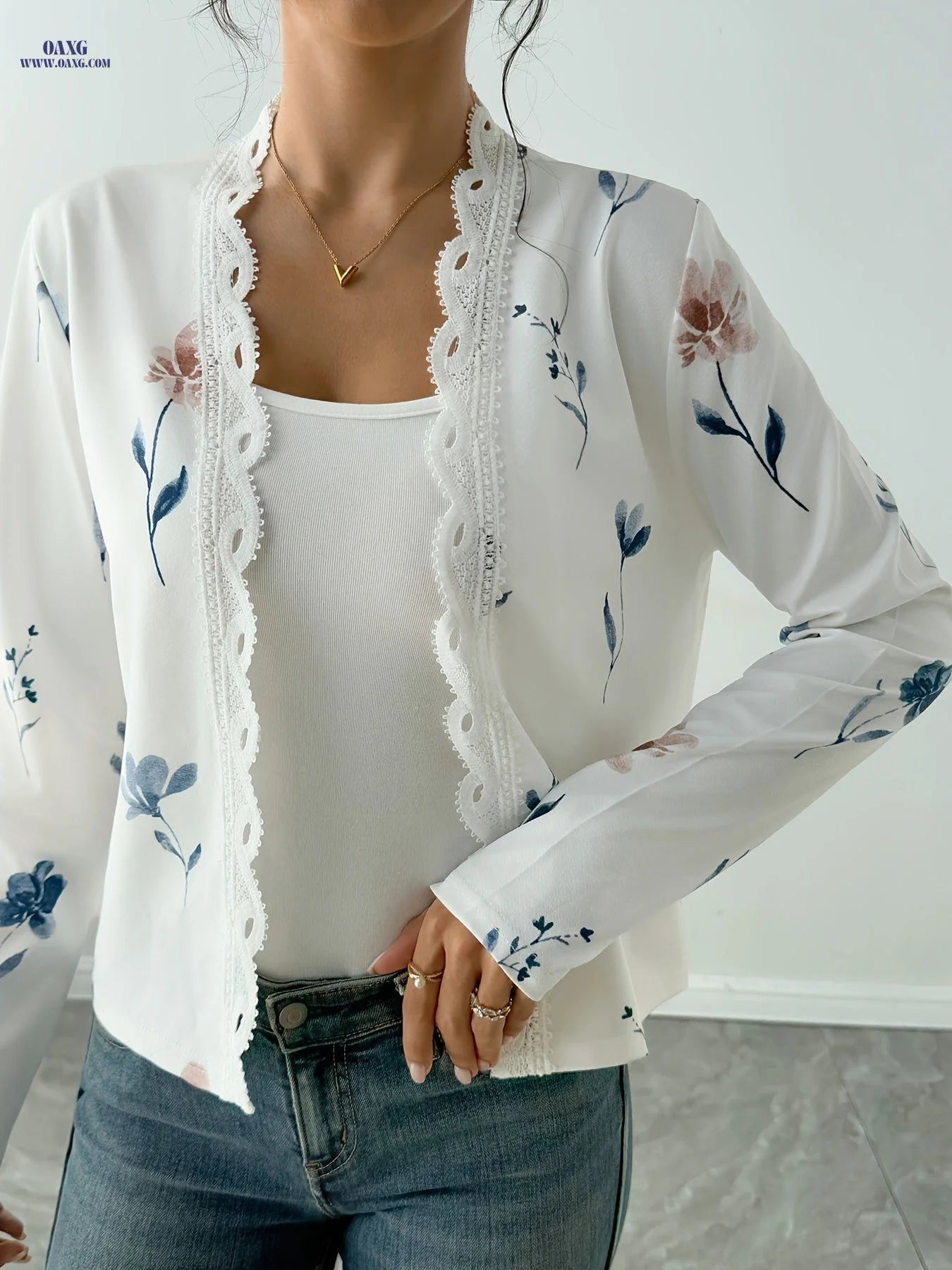 Printed Long Sleeve Lace Cardigan Jacket   OAXG White / S