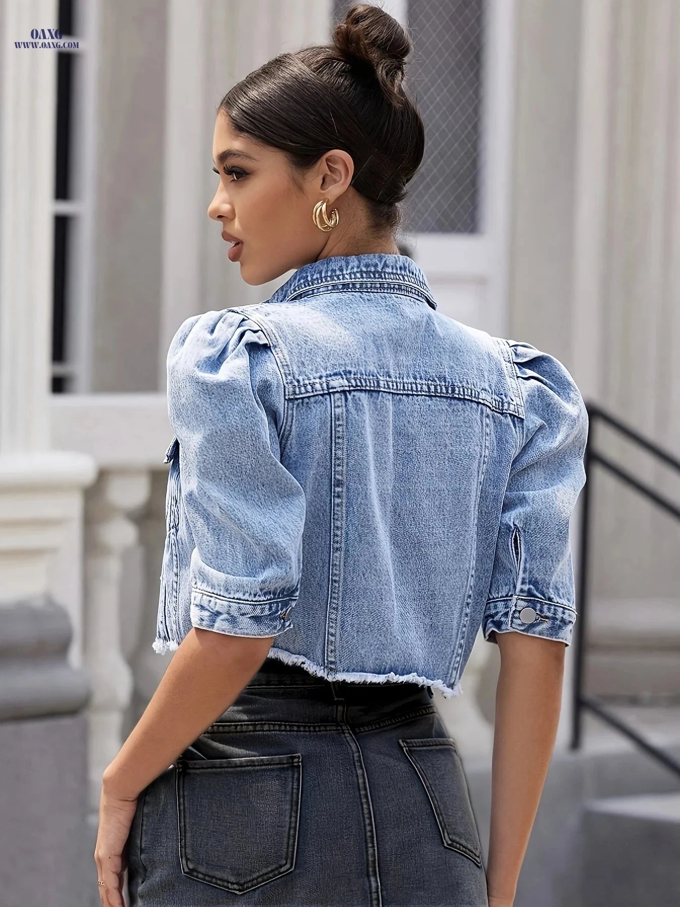 OAXG Puff Sleeve Denim Jacket - Cropped & Casual Fall Top   OAXG 