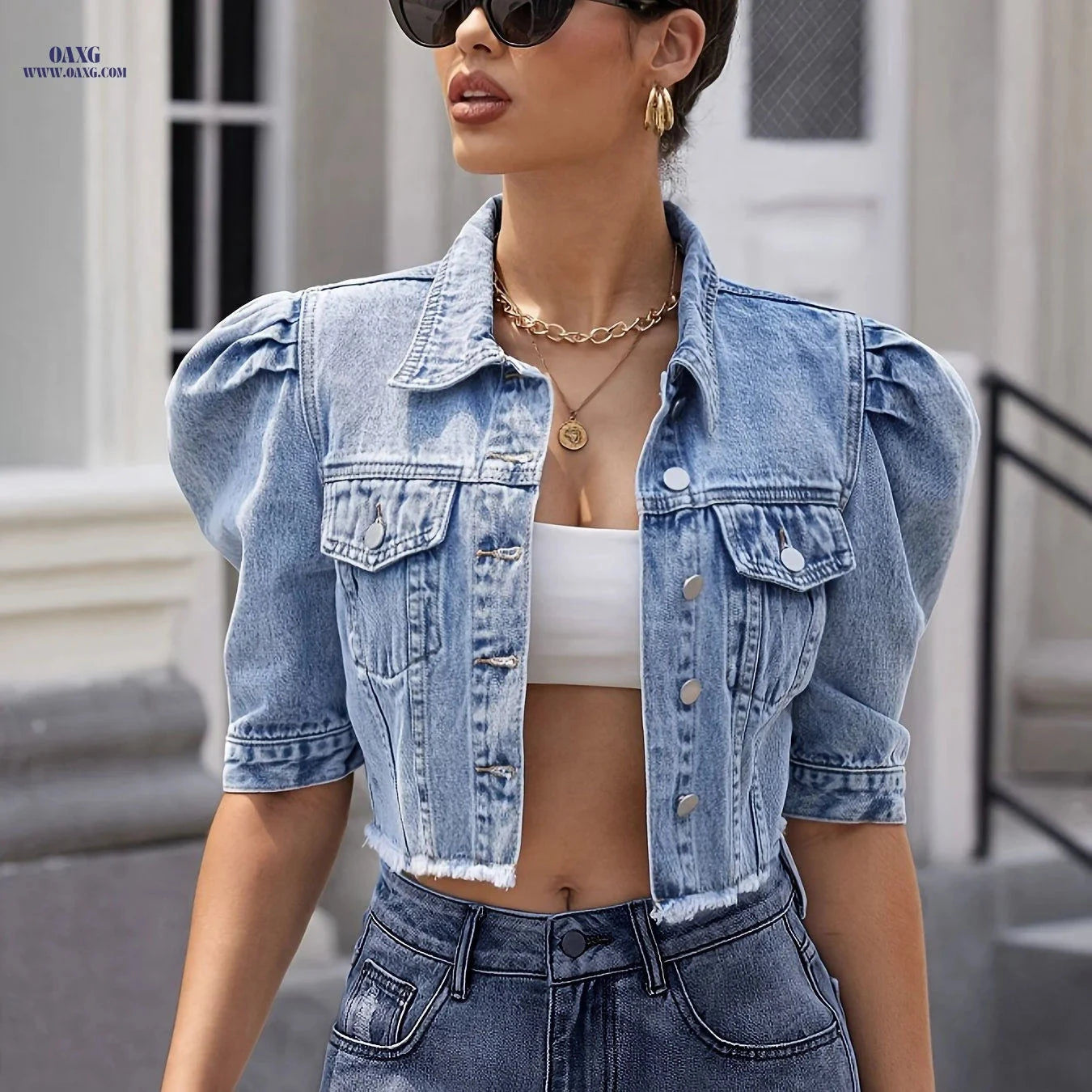 OAXG Puff Sleeve Denim Jacket - Cute Cropped Coat for Women   OAXG 