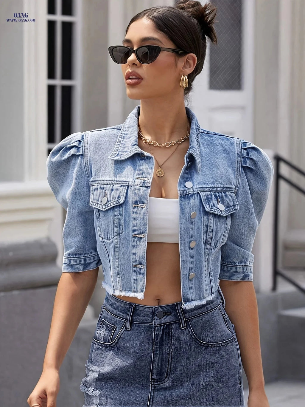 OAXG Puff Sleeve Denim Jacket - Cute Cropped Coat for Women   OAXG 
