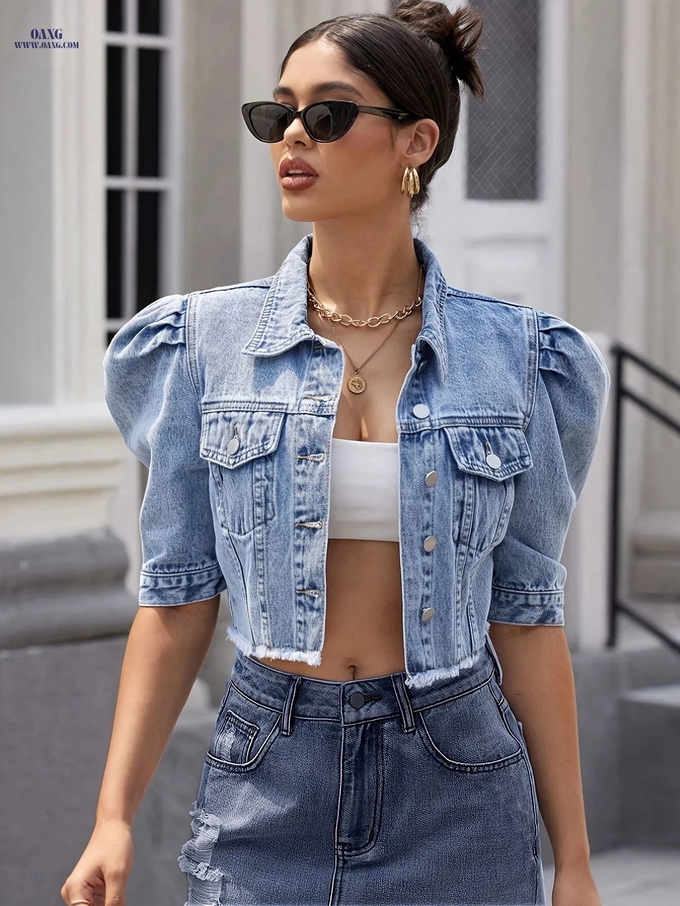 OAXG Puff Sleeve Denim Jacket - Cute Cropped Coat for Women   OAXG 