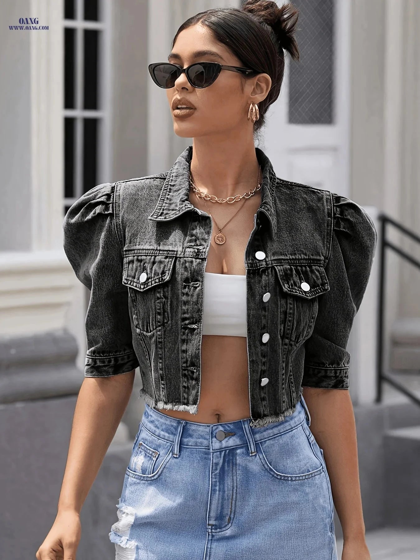 OAXG Puff Sleeve Denim Jacket - Cute Cropped Coat for Women   OAXG 