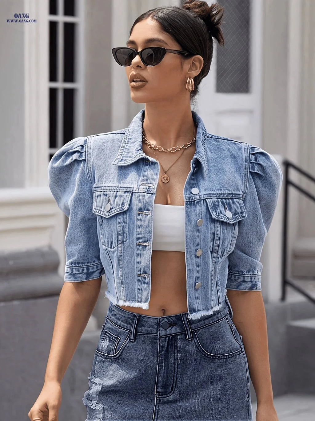OAXG Puff Sleeve Denim Jacket - Stylish Cropped Coat for Women   OAXG 