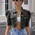 OAXG Puff Sleeve Denim Jacket - Stylish Cropped Coat for Women   OAXG 