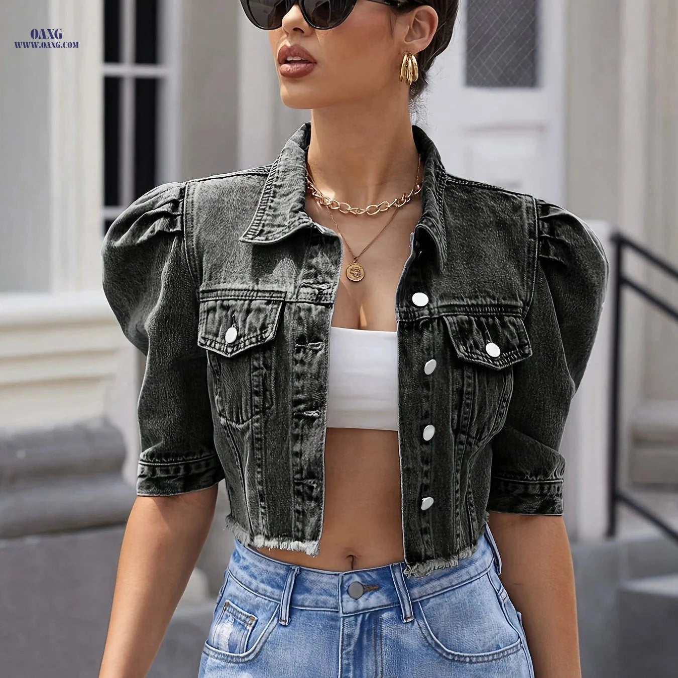 OAXG Puff Sleeve Denim Jacket - Stylish Cropped Coat for Women   OAXG 
