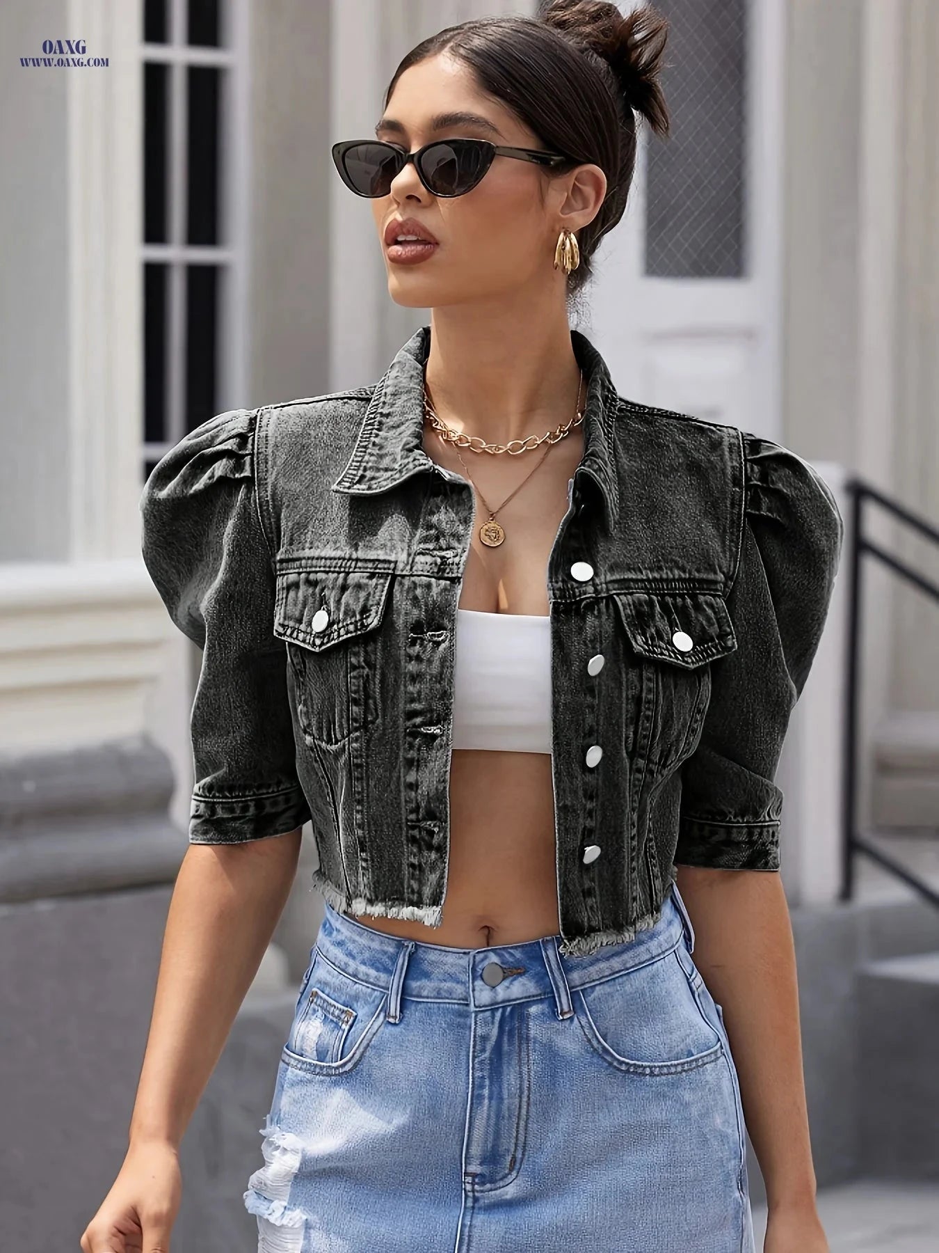 OAXG Puff Sleeve Denim Jacket - Stylish Cropped Coat for Women   OAXG 