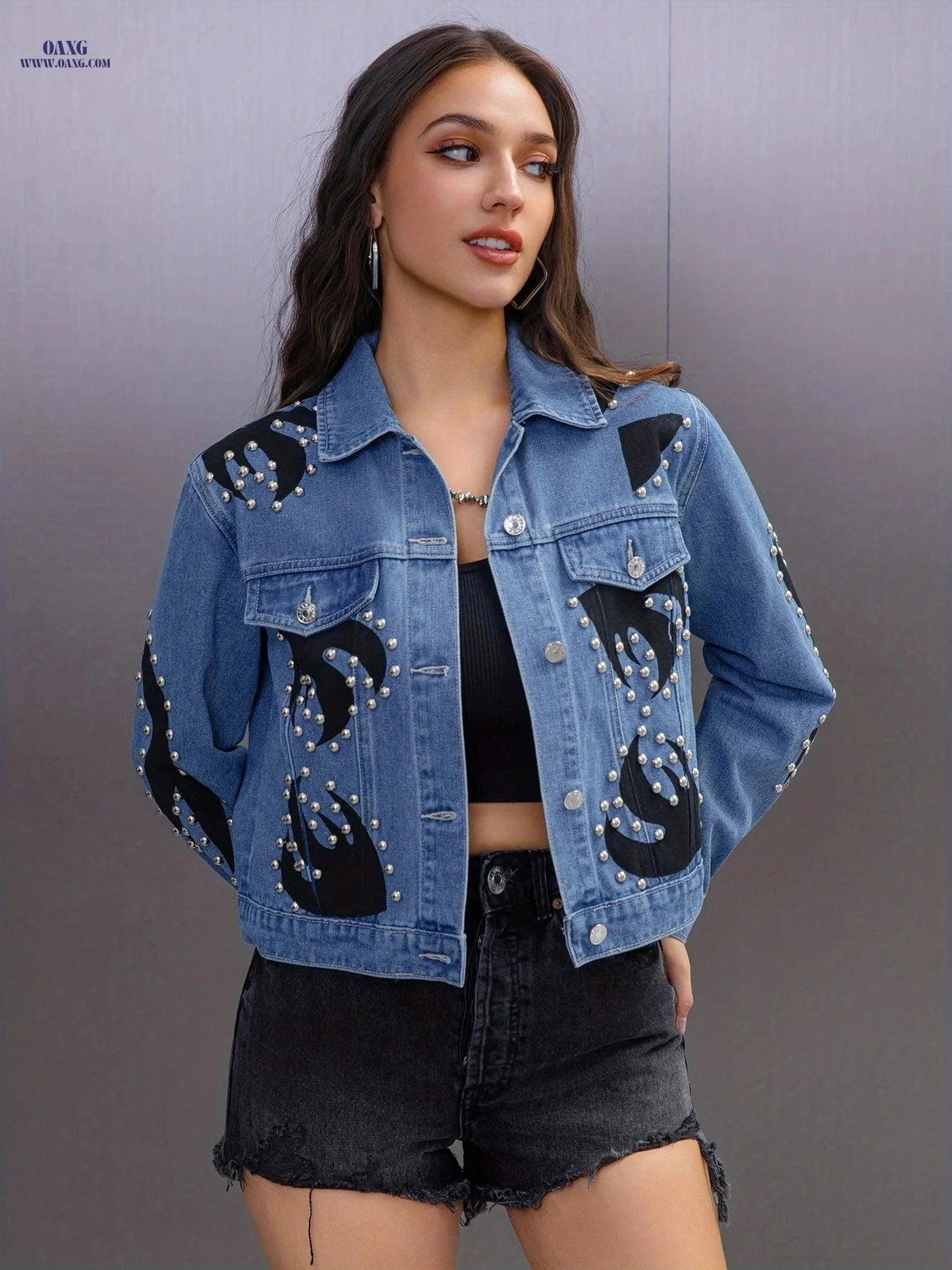 OAXG Punk Style Black Denim Jacket - Studded Long Sleeve Women's Coat   OAXG 