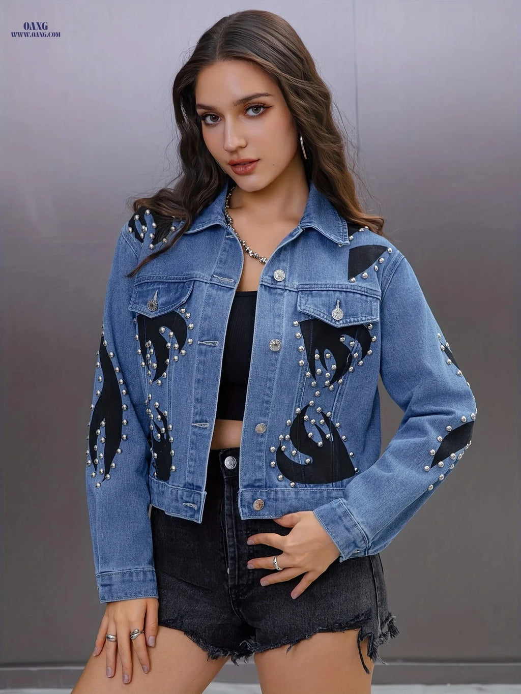 OAXG Punk Style Black Denim Jacket - Studded Long Sleeve Women's Coat   OAXG 