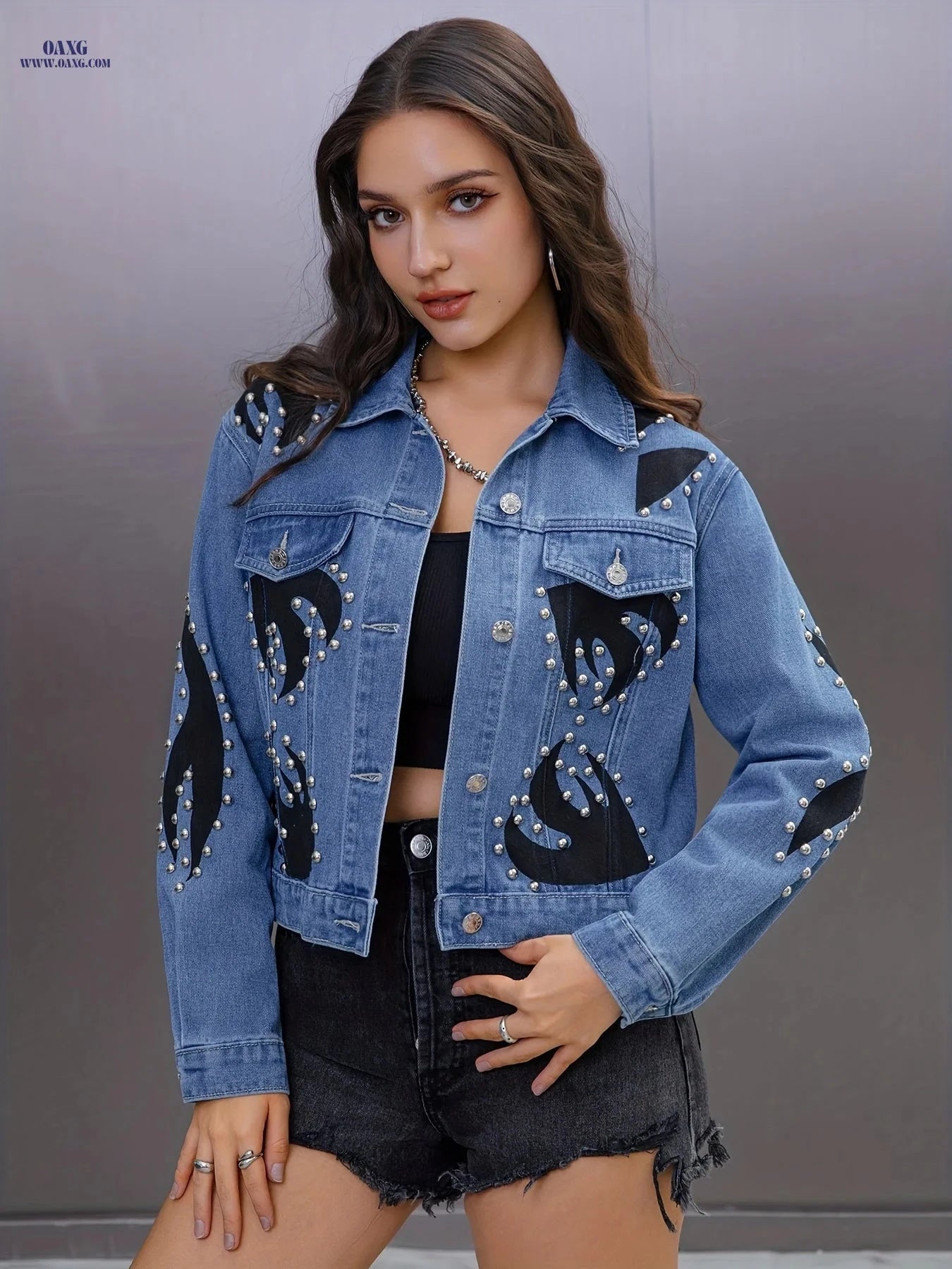 OAXG Punk Style Black Denim Jacket - Studded Long Sleeve Women's Coat   OAXG 