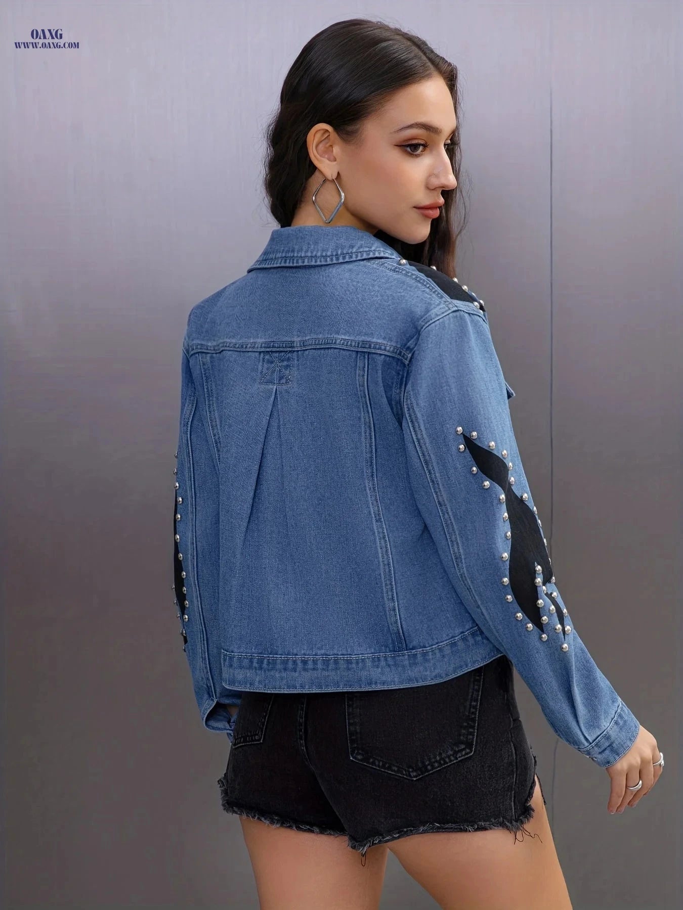 OAXG Punk Style Black Denim Jacket - Studded Long Sleeve Women's Coat   OAXG 