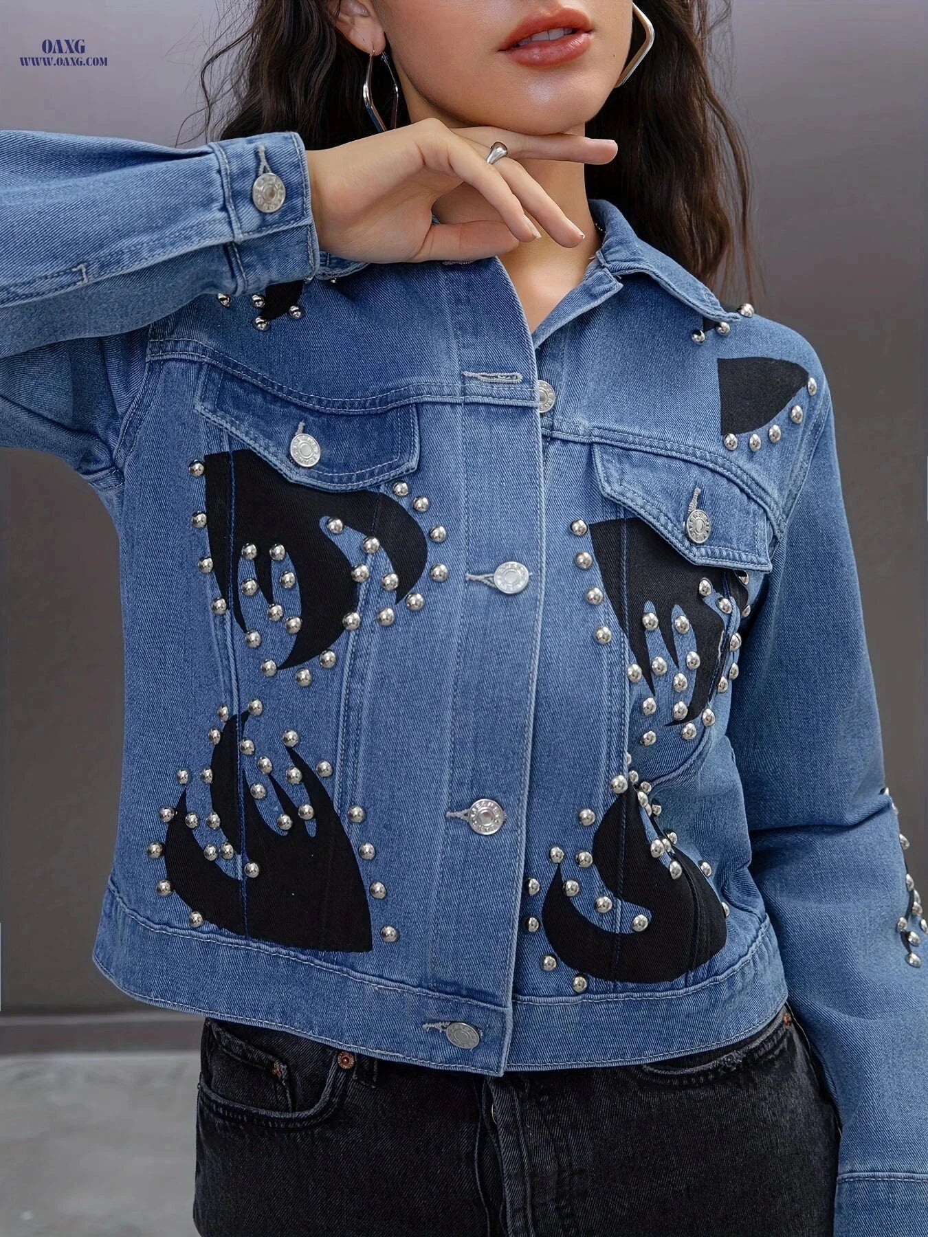 OAXG Punk Style Black Denim Jacket - Studded Long Sleeve Women's Coat   OAXG 