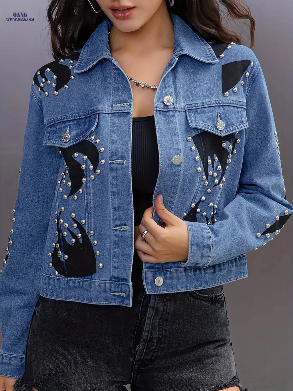 OAXG Punk Style Black Denim Jacket - Studded Long Sleeve Women's Coat   OAXG 