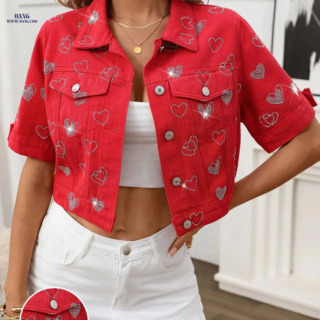 OAXG Red Short-Sleeve Denim Jacket Top - Elegant Rhinestone Style   OAXG 