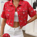 OAXG Red Short-Sleeve Denim Jacket Top - Elegant Rhinestone Style   OAXG 