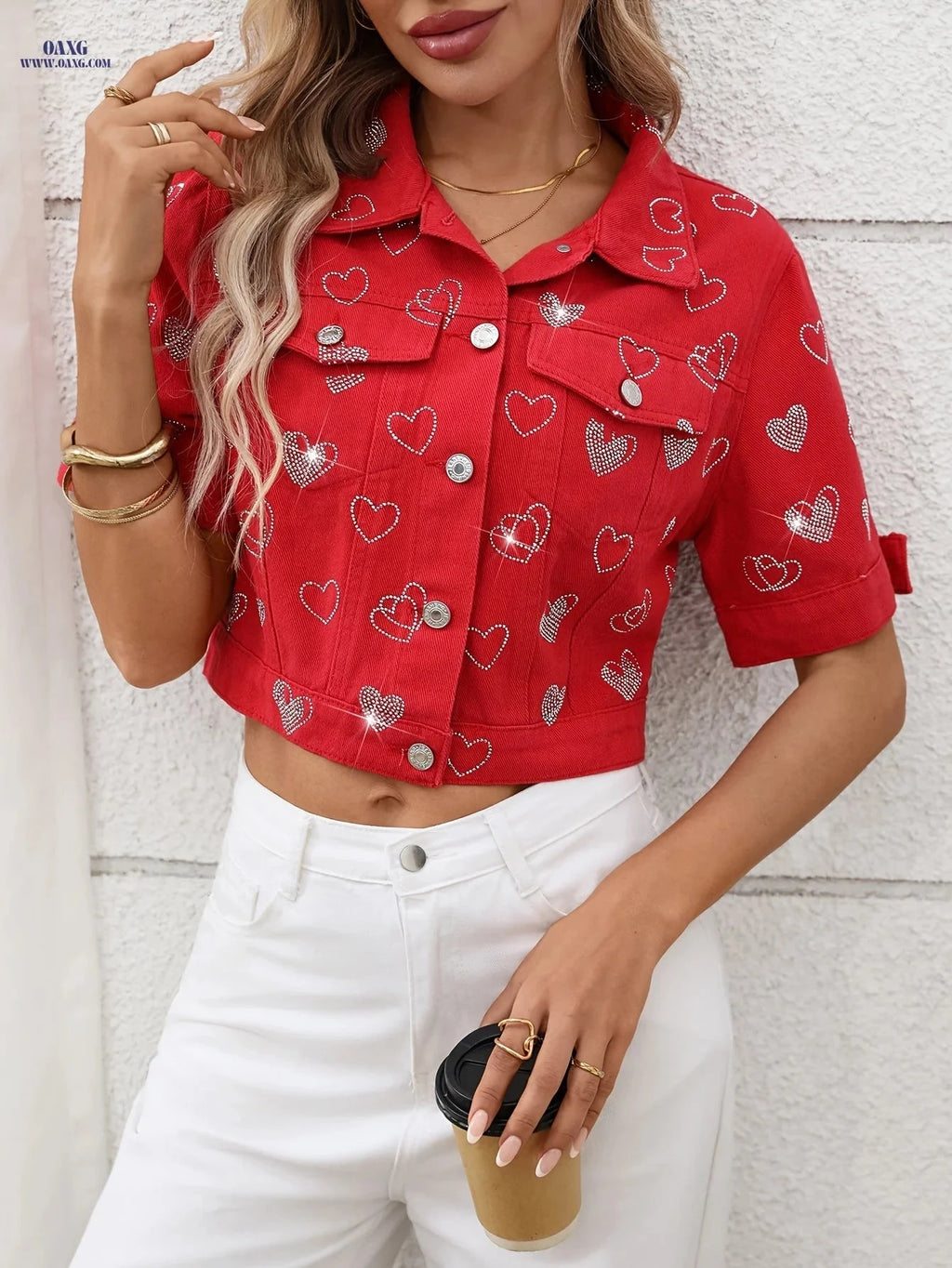 OAXG Red Short-Sleeve Denim Jacket Top - Elegant Rhinestone Style   OAXG 