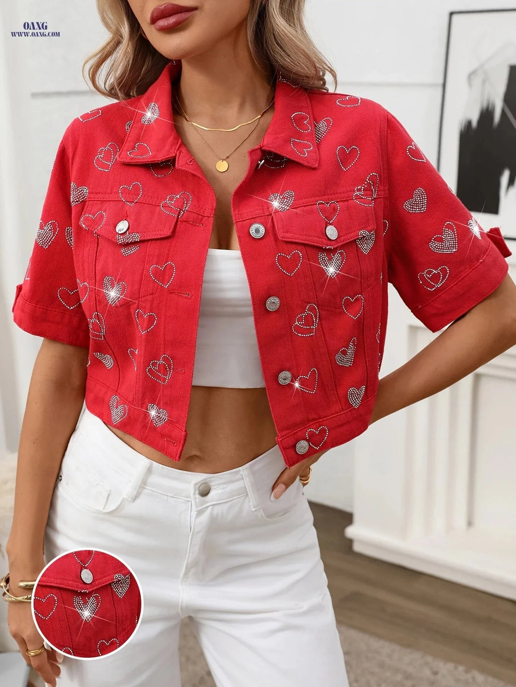 OAXG Red Short-Sleeve Denim Jacket Top - Elegant Rhinestone Style   OAXG 