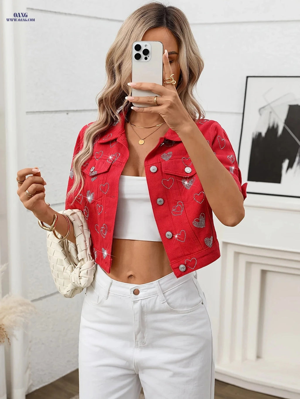 OAXG Red Short-Sleeve Denim Jacket Top - Elegant Rhinestone Style   OAXG 