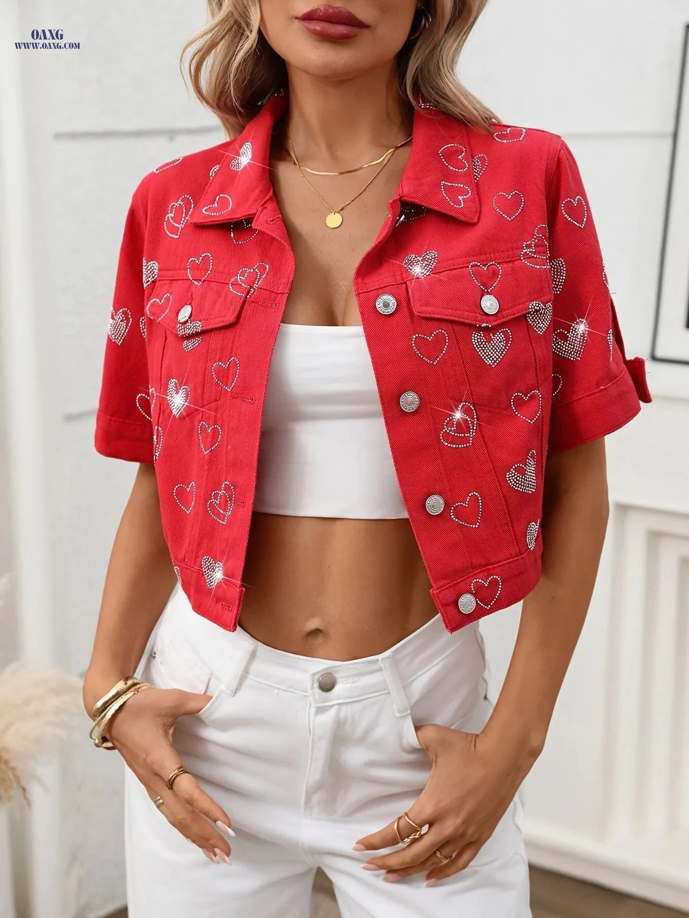 OAXG Red Short-Sleeve Denim Jacket Top - Elegant Rhinestone Style   OAXG 