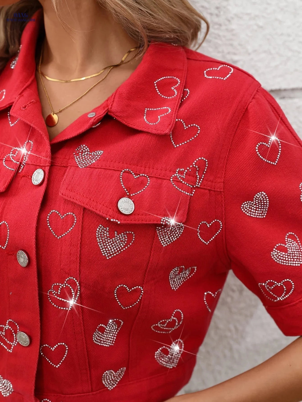 OAXG Red Short-Sleeve Denim Jacket Top - Elegant Rhinestone Style   OAXG 