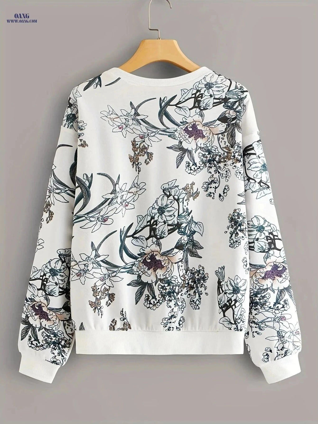 OAXG Round Neck Floral Print Sweatshirt - Vintage Style Top   OAXG Ivory White / S