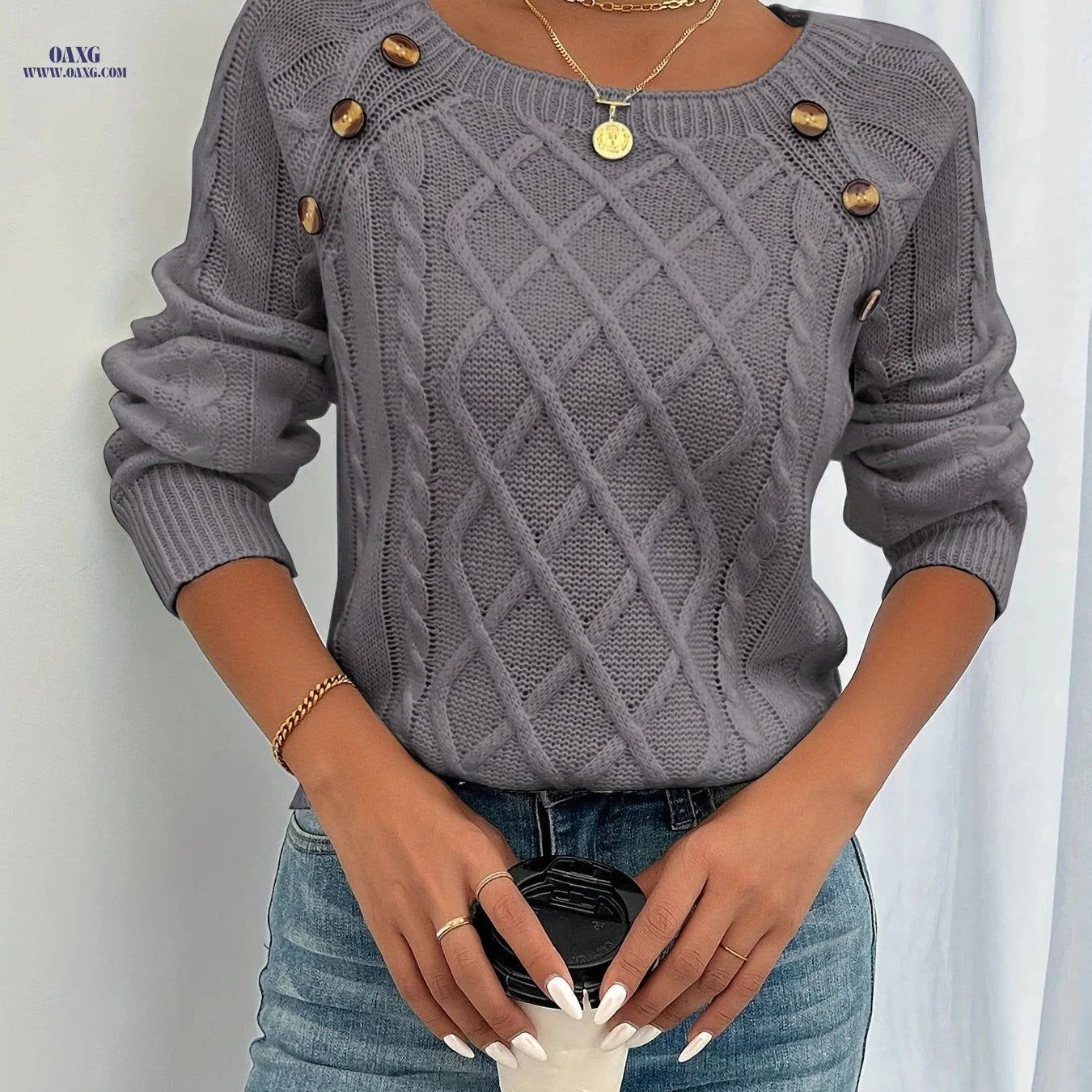 OAXG Round Neck Lantern Sleeve Top - Casual Solid Button Style   OAXG White / S