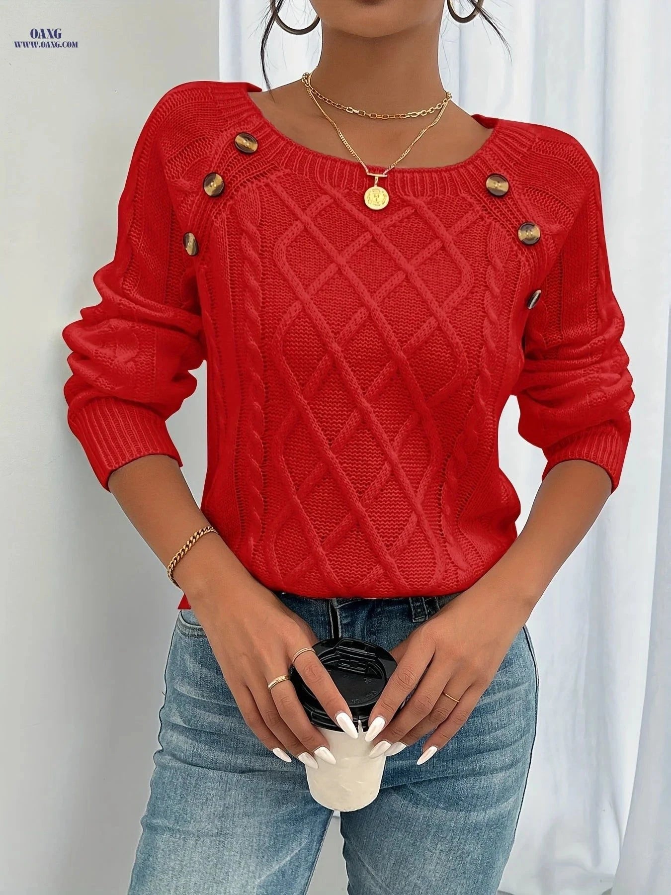 OAXG Round Neck Lantern Sleeve Top - Casual Solid Button Style   OAXG White / S