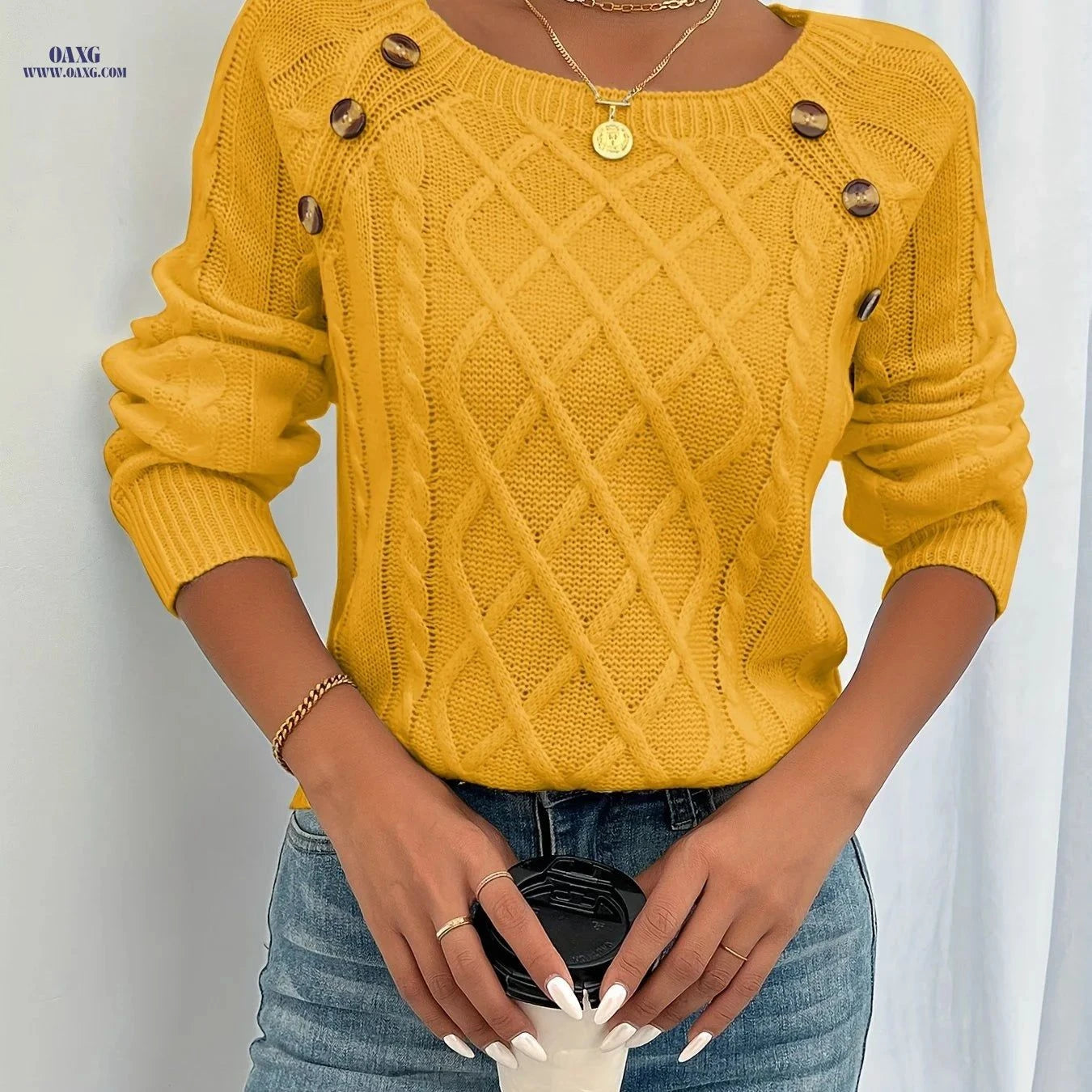 OAXG Round Neck Lantern Sleeve Top - Casual Solid Button Style   OAXG White / S