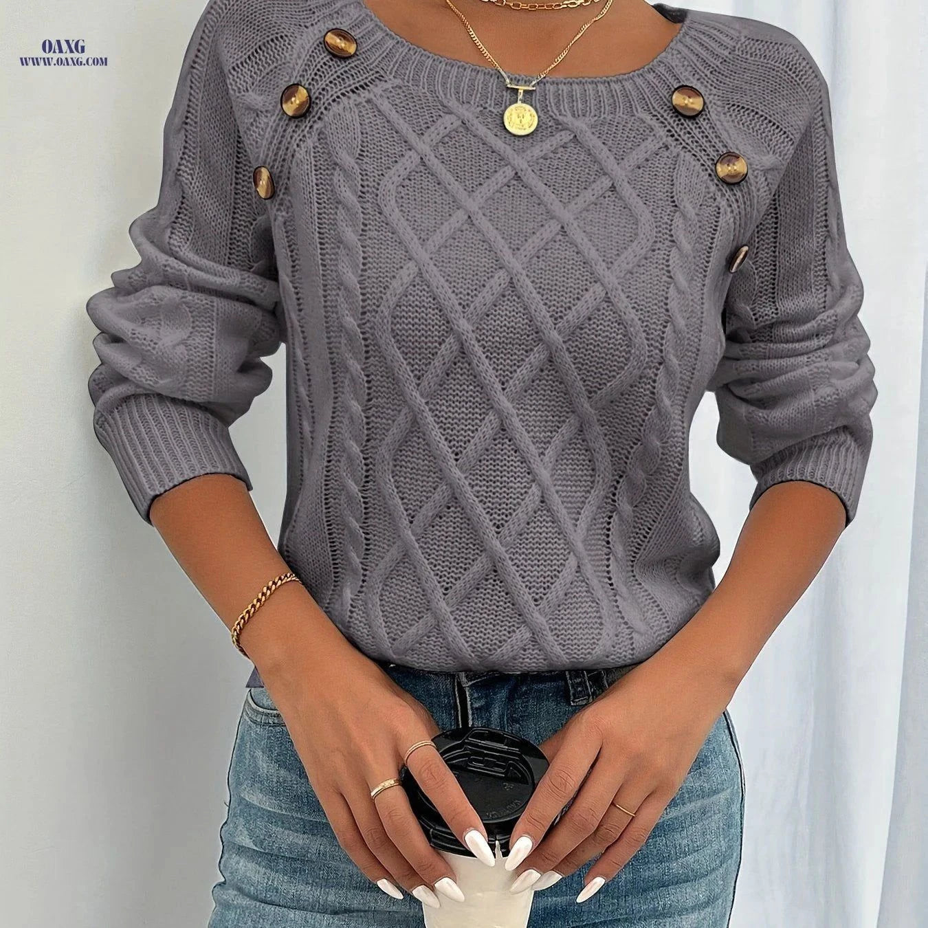 OAXG Round Neck Textured Lantern Sleeve Top - Casual Fall Style   OAXG White / S