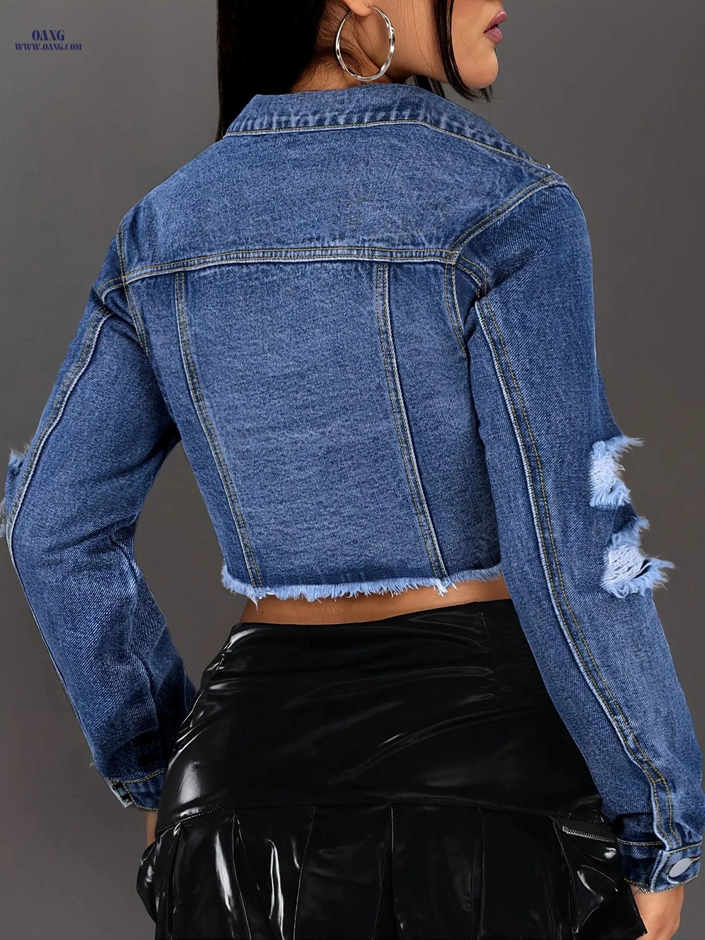 OAXG Short Denim Jacket - Flap Detail & Frayed Hem Style   OAXG 