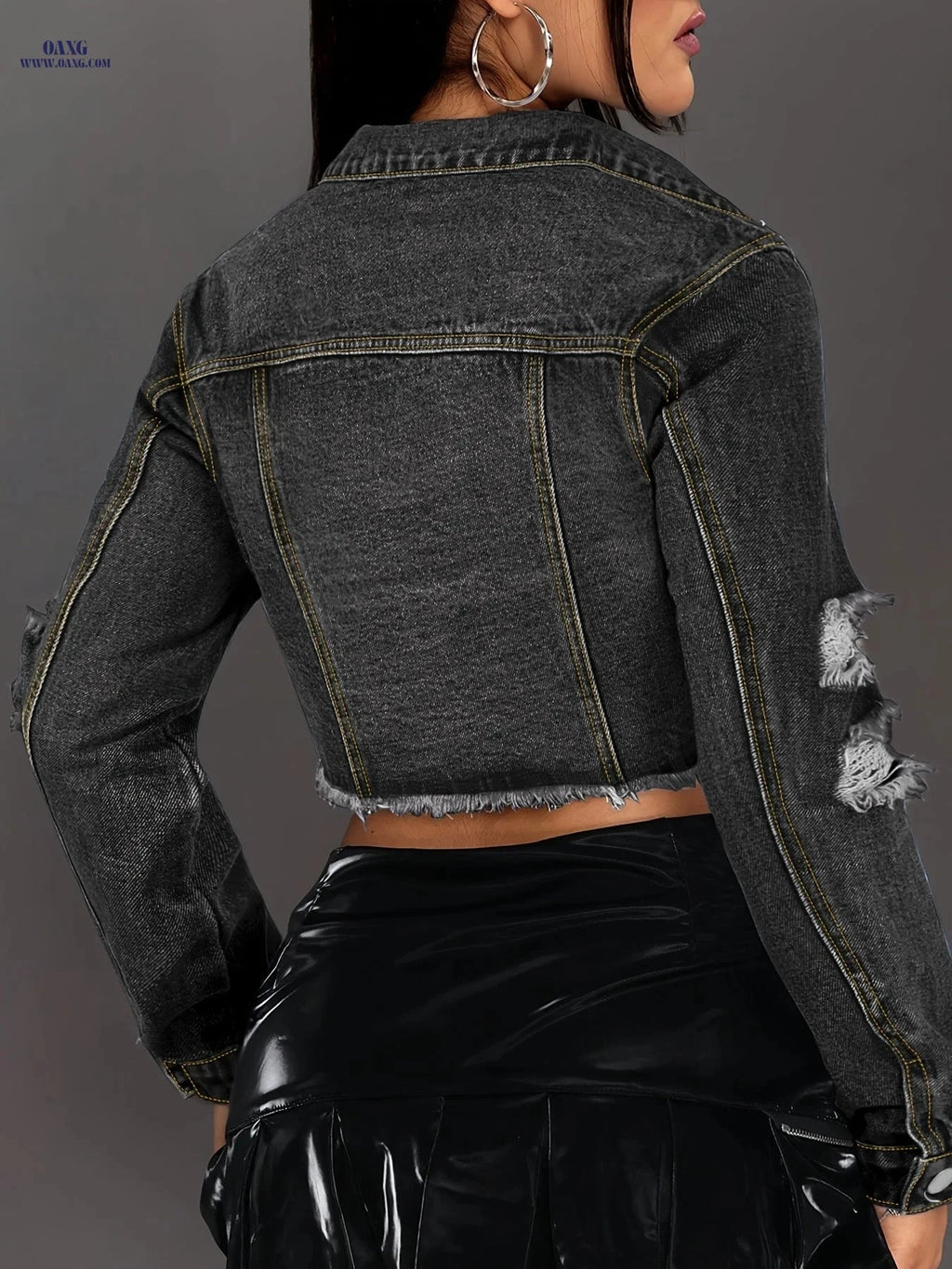 OAXG Short Denim Jacket - Flap Detail & Frayed Hem Style   OAXG 