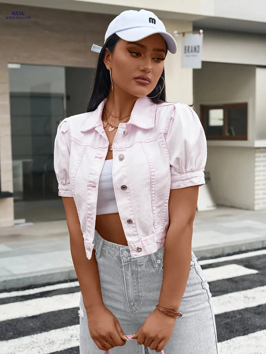 OAXG Short-Sleeved Denim Jacket & Cropped Top - Elegant Spring Style   OAXG 