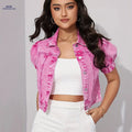 OAXG Short-Sleeved Denim Jacket & Cropped Top - Elegant Spring Style   OAXG 