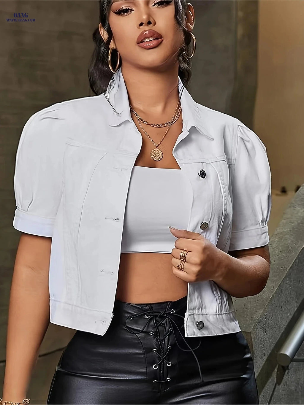 OAXG Short-Sleeved Denim Jacket & Cropped Top - Elegant Spring Style   OAXG 