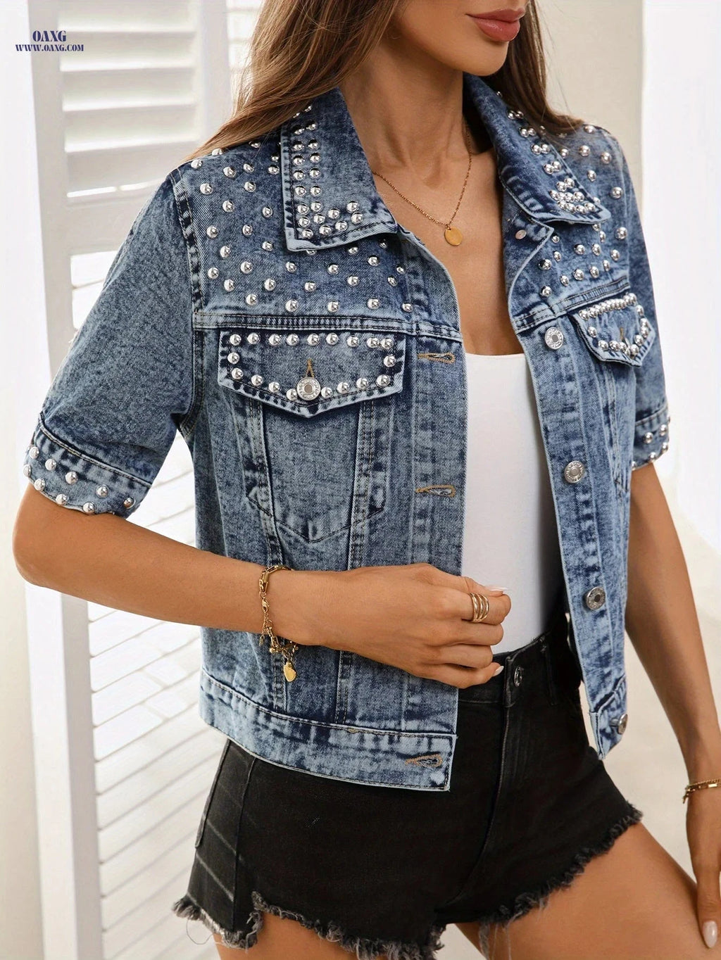 OAXG Short-Sleeved Women's Denim Jacket - Cropped Elegant Style   OAXG 