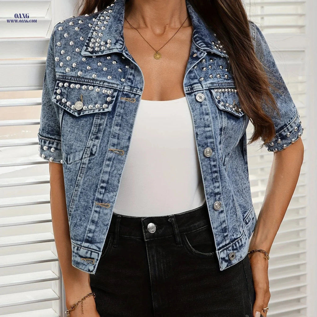 OAXG Short-Sleeved Women's Denim Jacket - Cropped Elegant Style   OAXG 