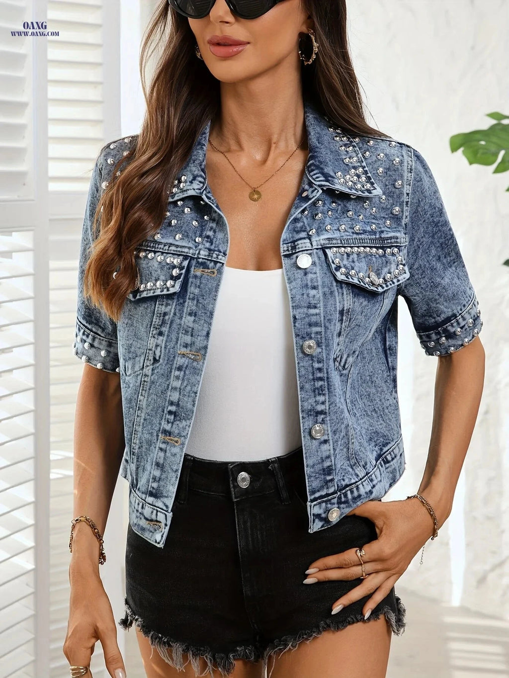 OAXG Short-Sleeved Women's Denim Jacket - Cropped Elegant Style   OAXG 
