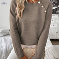 OAXG Slant Shoulder Casual Sweater - Long Sleeve, Button Detail   OAXG Camel / S