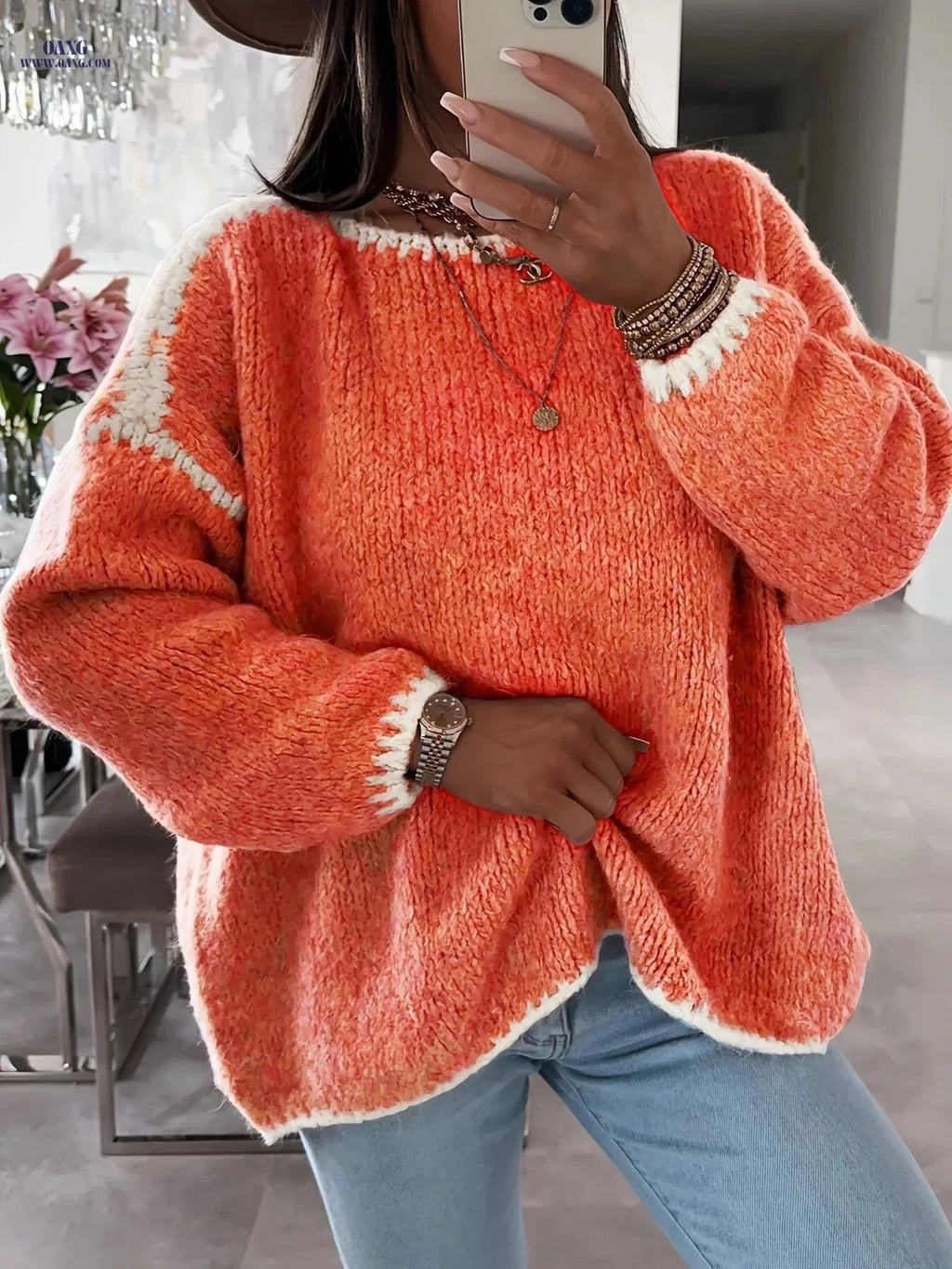 OAXG Solid Boat Neck Pullover Sweater - Casual Color Block Design   OAXG White / S