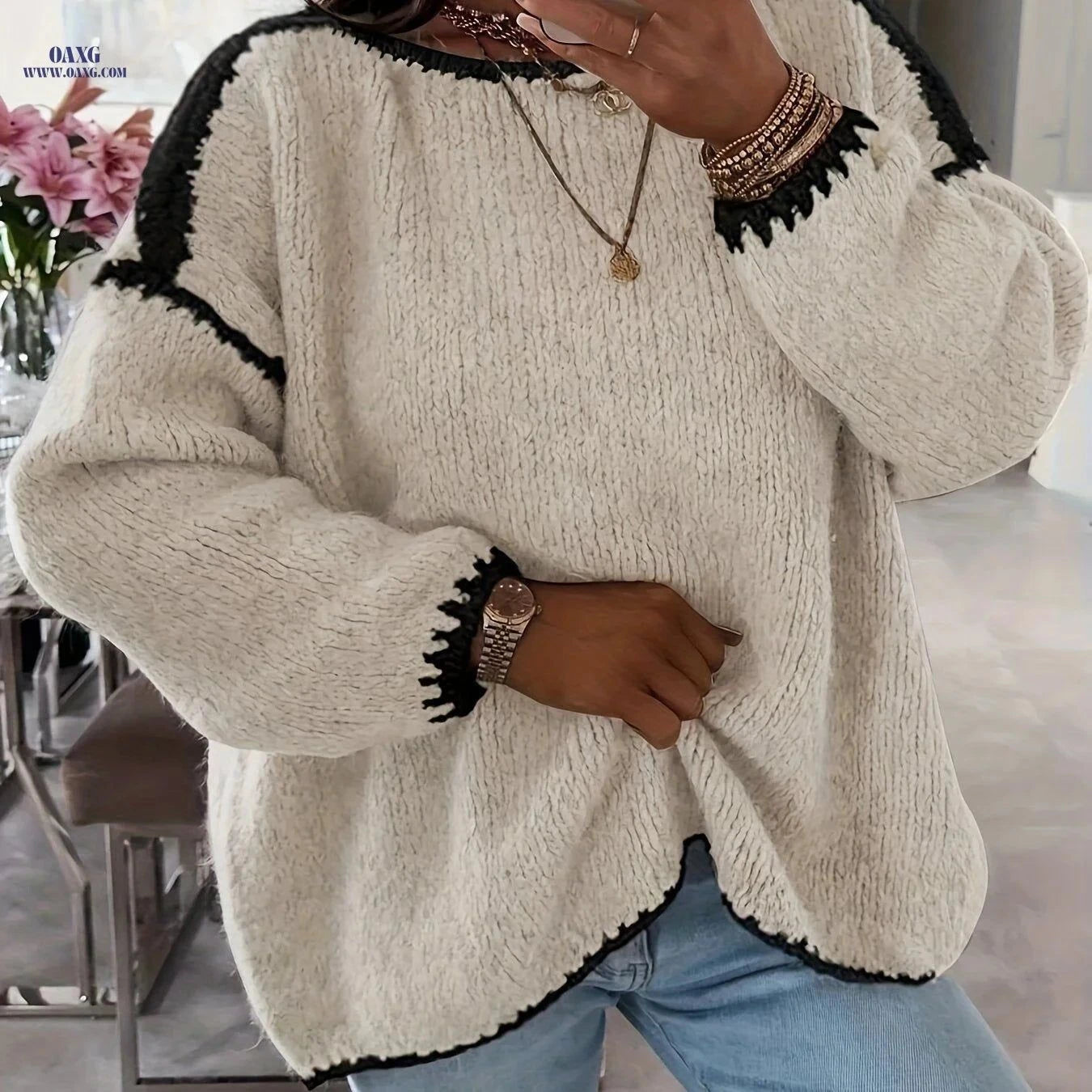 OAXG Solid Boat Neck Pullover Sweater - Casual Color Block Design   OAXG White / S